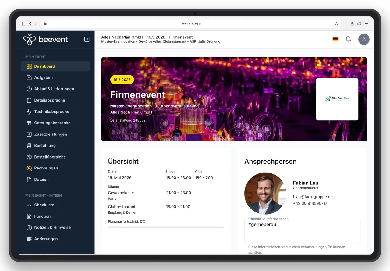 beevent Web-App Screenshot – Eventraum im Browser
