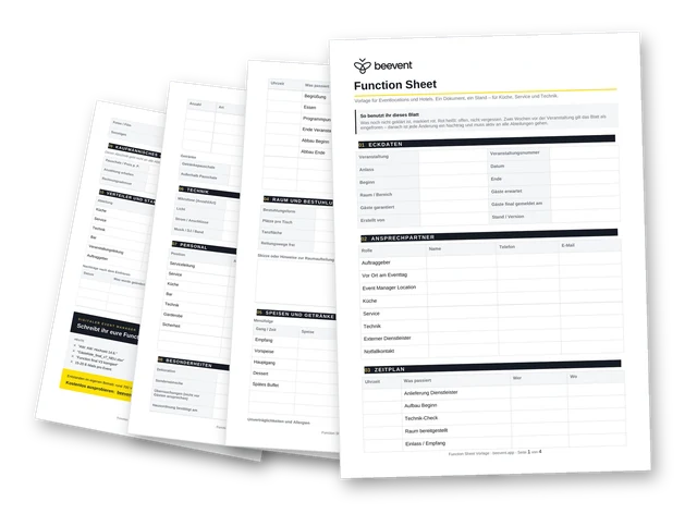 Vier Seiten der Function Sheet Vorlage, gefächert nebeneinander